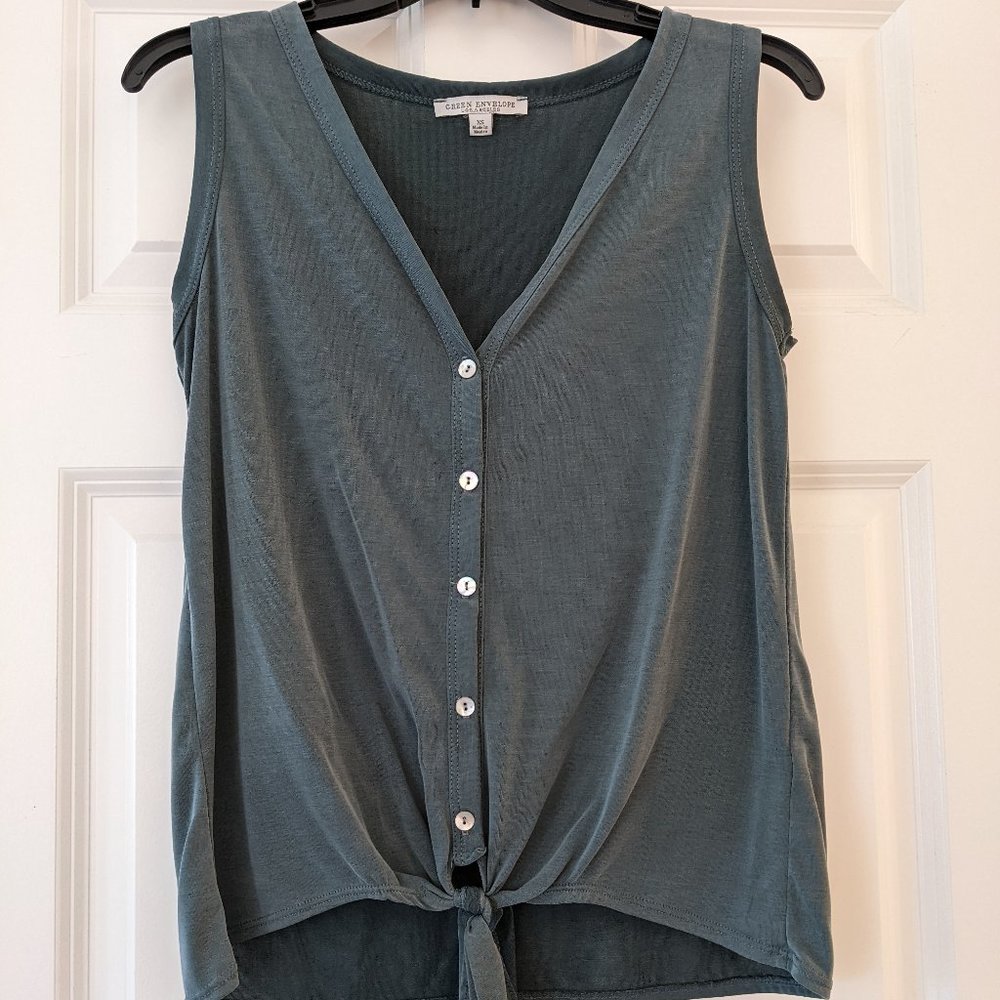 Teal Sleeveless Green Envelope Tie Front Tank